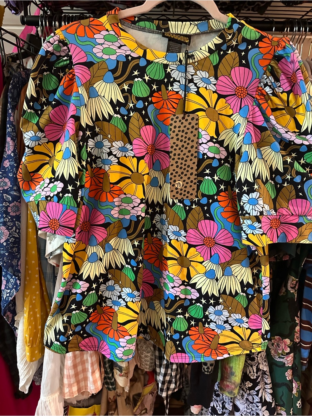 NOOWORKS “Cosmic Floral” Print Puff-Sleeve Top Stretchy Cotton XL NWT Dopamine